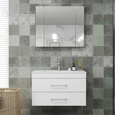 Gloss Wall-Mounted Bathroom Vanity with Double Drawers, Soft-Close System,Ceramic Sink, Create a Modern and Minimalist Bathroom Space!