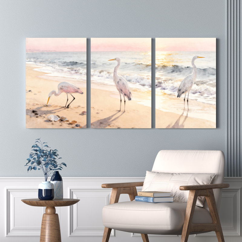 «Seagull Beach Sunset», ensemble de 3 reproductions d'art sur toile tendues sur toile, H 18 po x l 36 po