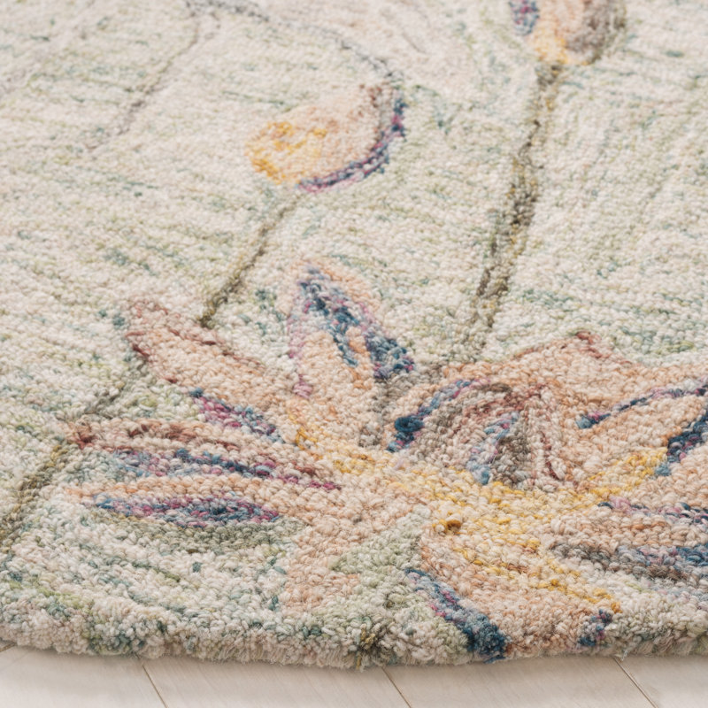 Bovina Tufted Wool/Cotton Performance Floral Rug in Green/Ivory/Yellow, Round 6'