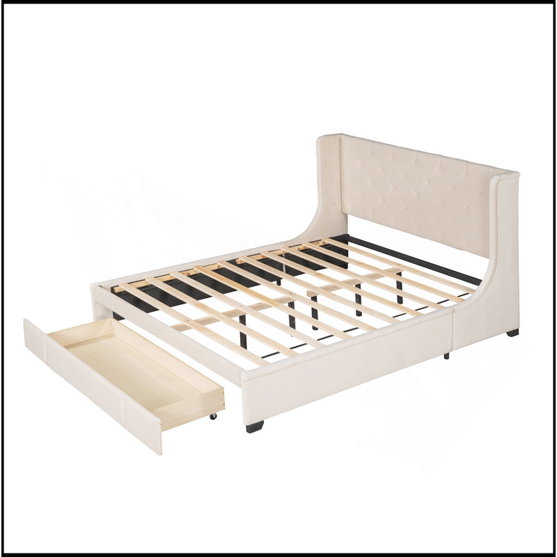 Grand lit plateforme tapissier avec tête de lit à oreilles et grand tiroir, Beige