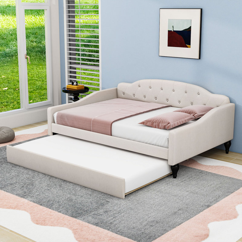 Full Linen Upholstered Daybed with Twin Trundle