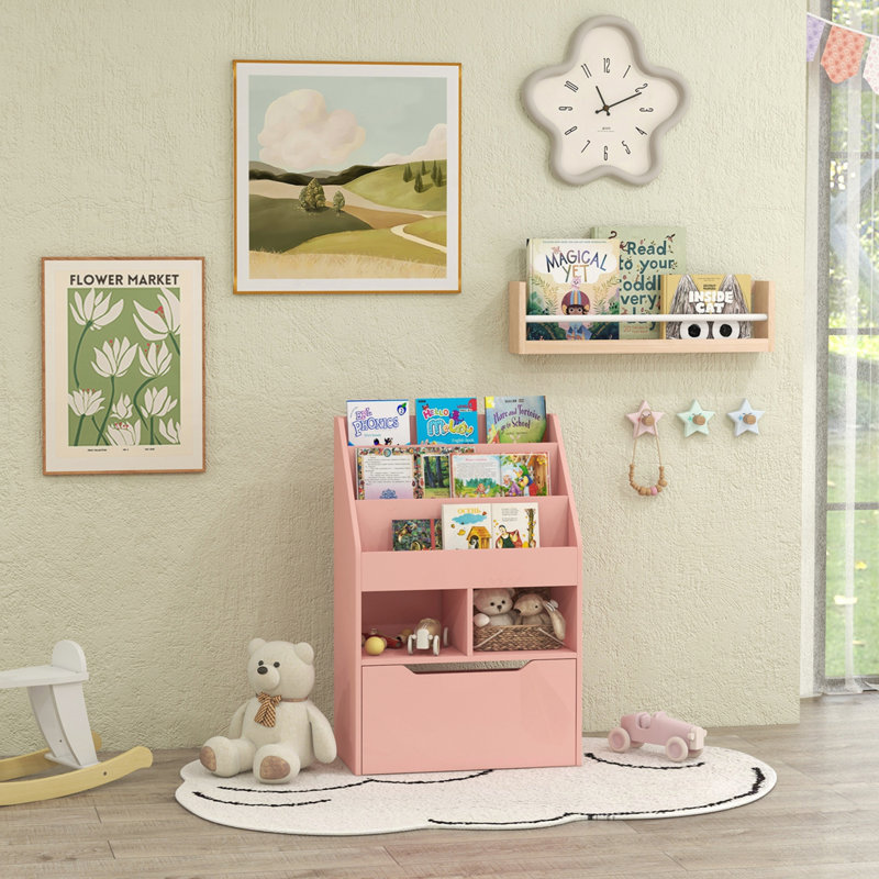 Bookcase Multi-Shelf Rack Organizer with Storage Drawer for Books, Pink