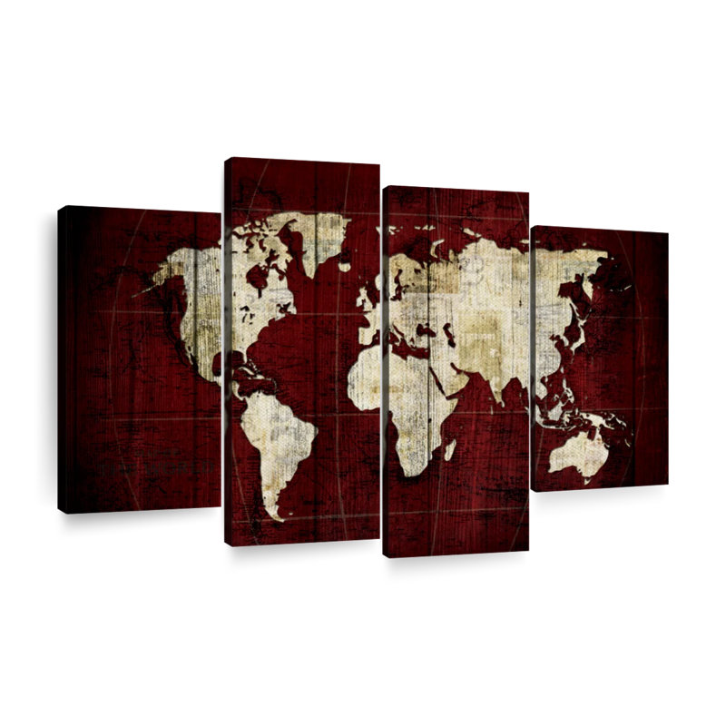 Carte du monde en blanc sur une carte du monde en rouge 4 pièces, H 27 po x l 43 po