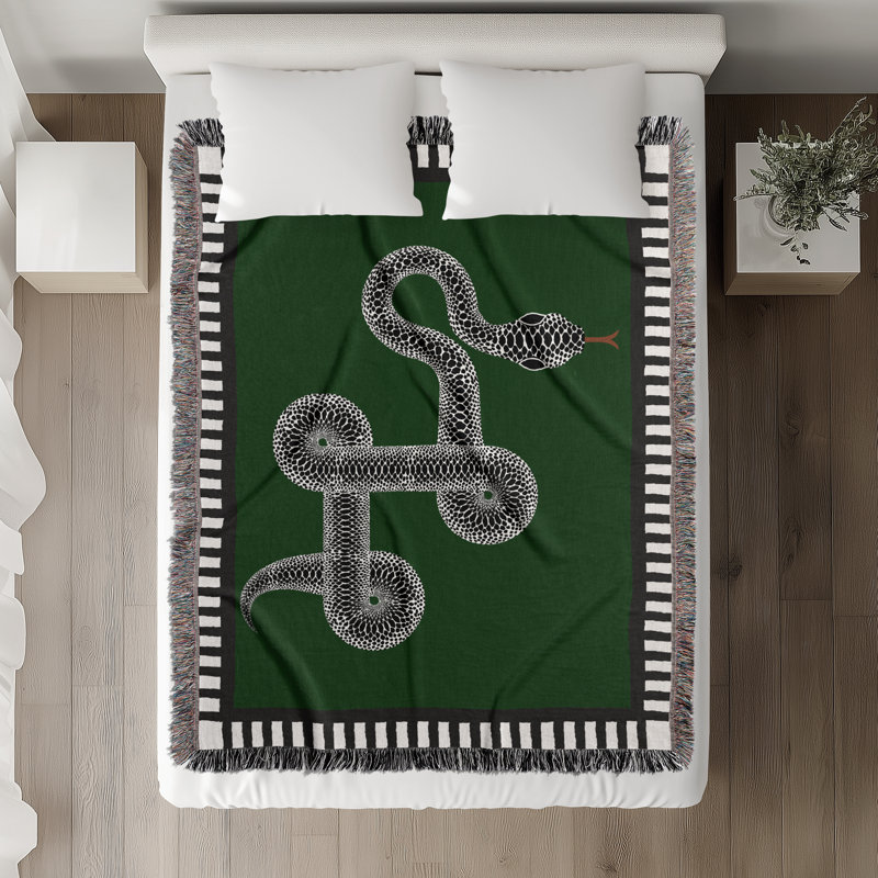 Jeté en mélange de coton Vanjo Snake, Vert / Noir / Blanc cassé, L 70 po x l 50 po