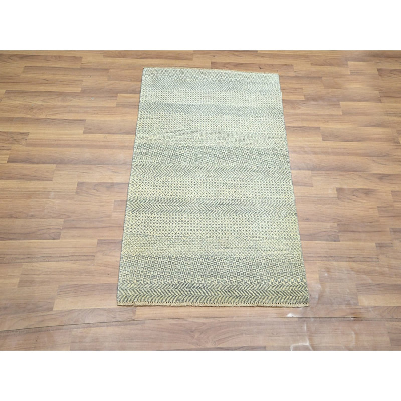 2 pi x 3 pi beige, noué à la main, motif d'herbe moderne, ton sur ton, laine naturelle non teinte, tapis, échantillon, tapis oriental