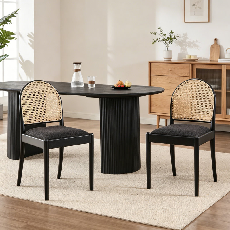 Ensemble de 2 chaises de salle à manger en rotin, lin rembourré avec dossiers, chaises de cuisine modernes avec pieds en bois, noir