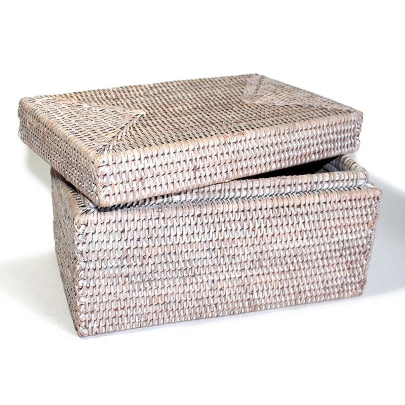 Panier de rangement rectangulaire avec couvercle, Blanc délavé