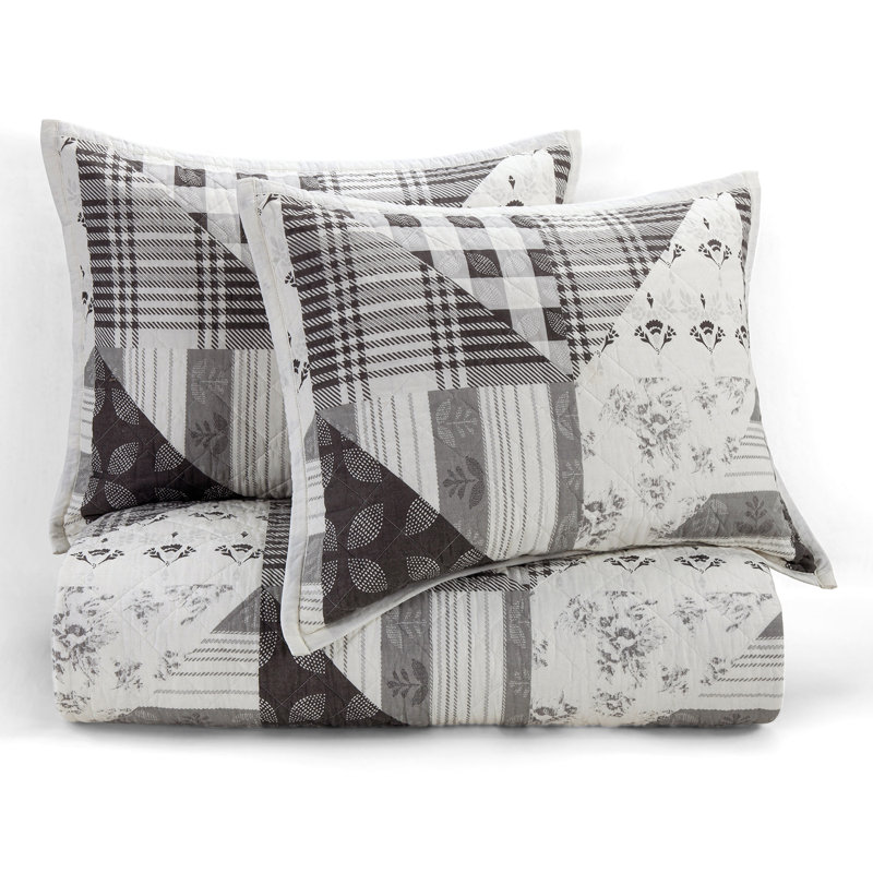 Patchwork Prairie Black White Cotton Reversible Western Farmhouse 3 Piece Quilt Set, Queen Quilt + 2 Standard Shams