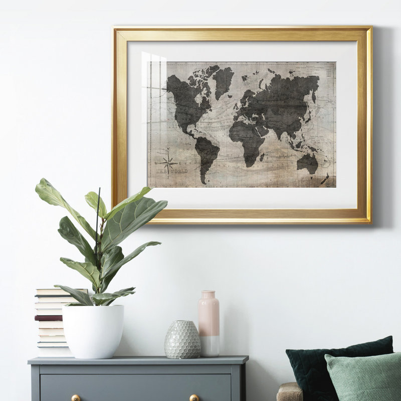 «World Map», reproduction encadrée de qualité supérieure - prête à être accrochée, Cadre doré, H 18,5 po x l 24,5 po x P 1 po