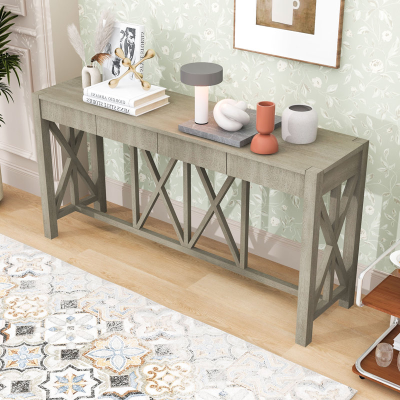 60-Inch Wood Console Table with Spacious Drawers, X-Leg Design, Gray