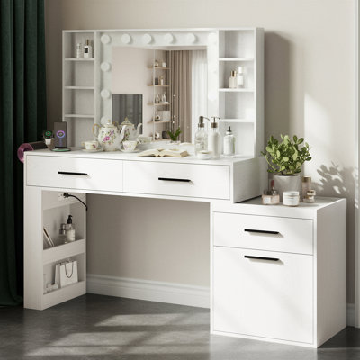 Modern Large Vanity Desk with Mirror and Lights, Makeup Vanity with 3 Color Light Modes, Vanity Table with 3 Drawers, 6 Shelves, 2 Side Shelves & Larg by Latitude Run