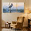 Oiseaux, cigogne, debout sur une bûche au lever du soleil, ensemble de 3 impressions sur toile-423687980