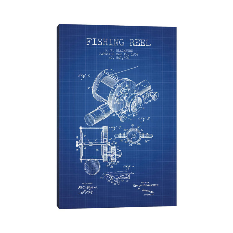 G.W. Blackburn Fishing Reel Patent Sketch (Blue Grid) by Aged Pixel - Wrapped Canvas Gallery-Wrapped Canvas Giclée