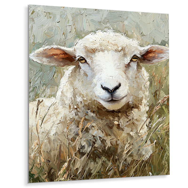 «Flock At Rest Sheep Portrait In The Grass I» - reproduction métallique, H 20 po x l 12 po