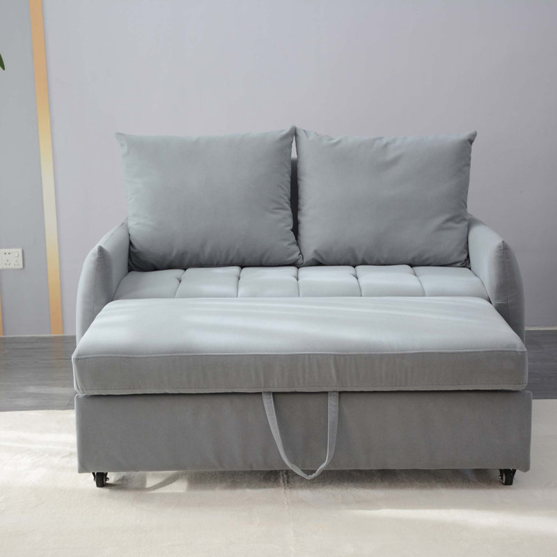 Convertible Sleeper Sofa Bed, Loveseat Sofa Bed With Pull-Out Bed, Adjsutable Back, Velvet Fabric Sofa With 2 Side Pockets, 2 Pillows