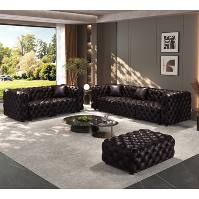 Modern 5-Seater Sofa Set, Faux Leather Upholstered Modular Sectional Couch with Handmade Button Tufted Design, 1 Ottoman & 5 Pillows, Multi Combinatio