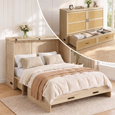 Queen Cabinet Bed with Drawers, Power  Memory Foam Mattress – 3-Step Convertible
