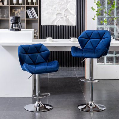 2 Blue Velvet Diamond Swivel Adjustable - Mid-back Comfort Design Disk Base With Footrest 2 Height, Seat Construction