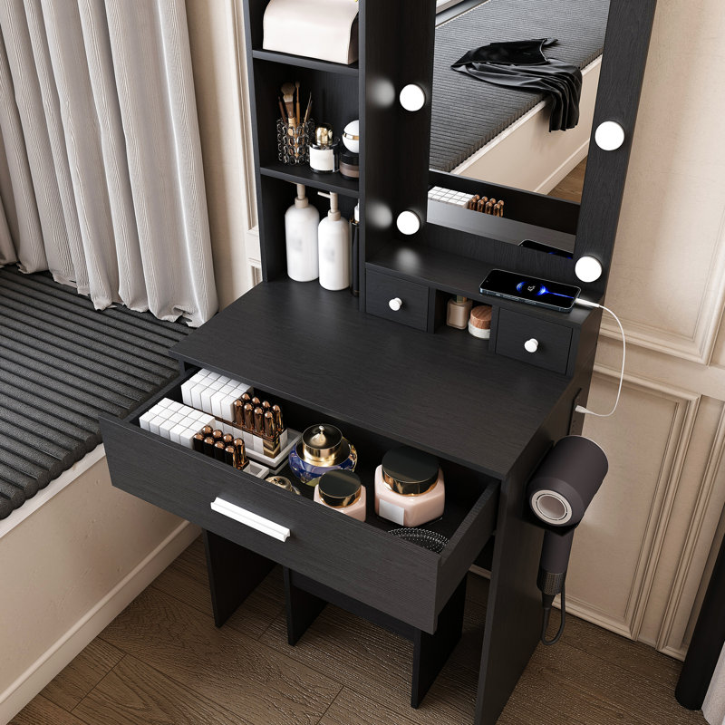 Vanity Table With Adjustable Led Lights, Power Outlet, Hairdryer Holder And Stool In Black For Bedroom - American Classic Modern Style Glass Mirror, Design Bedroom, Ideal Small Spaces, +Glass Filler