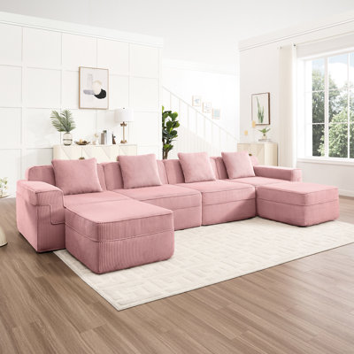 Velours côtelé rose en forme de U 4 places avec siège profond, coussins décoratifs et mousse à mémoire de forme très élastique pour un espace de jeu confortable