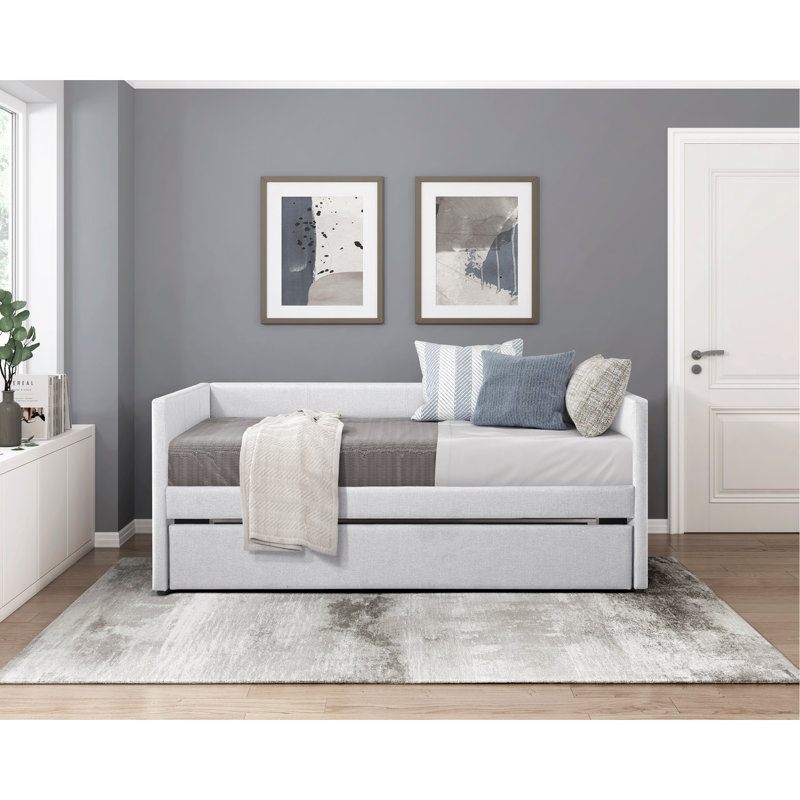 1Pc Daybed With Trundle Fabric Upholstery Modern Home Furniture, Gray