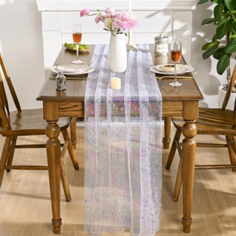 6PCS Colorful Gold Gauze Table Runner 120 Inch 10FT, Glitter Metallic Foil Sheer Dining Wedding Anniversary Holiday Birthday Table Decor for Home Party