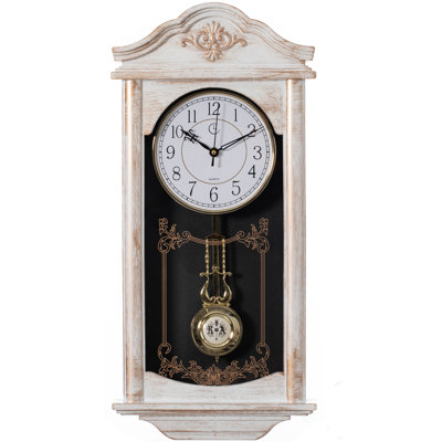 Vintage Grandfather Wood - Looking Plastic Antique Pendulum Wall Clock For Living Room Decor, Kitchen, Office, Or Dining Room, Silent Wall Mount Battery-Operated, Large