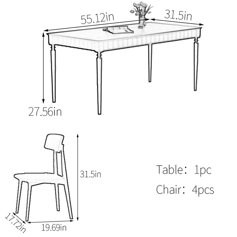 Vintage solid wood ash dining table set, White, 27.56"H x 55.12"L x 31.5"W, White