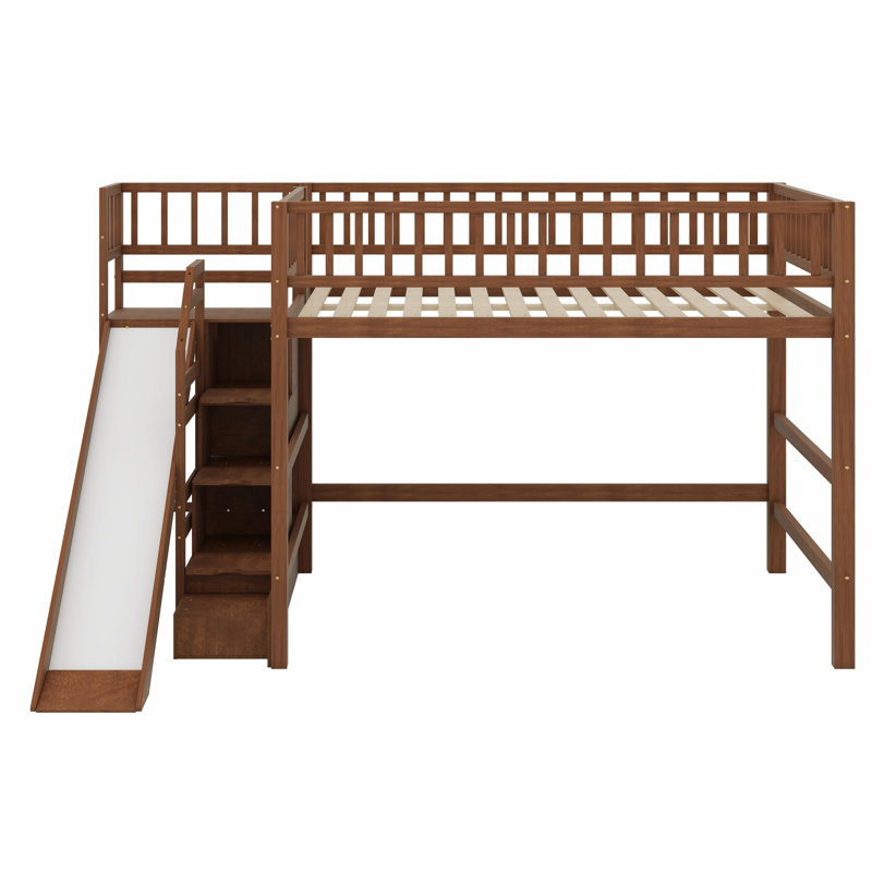 Lit mezzanine avec escalier de rangement, glissade et éclairage DEL Play, Full, Walnut