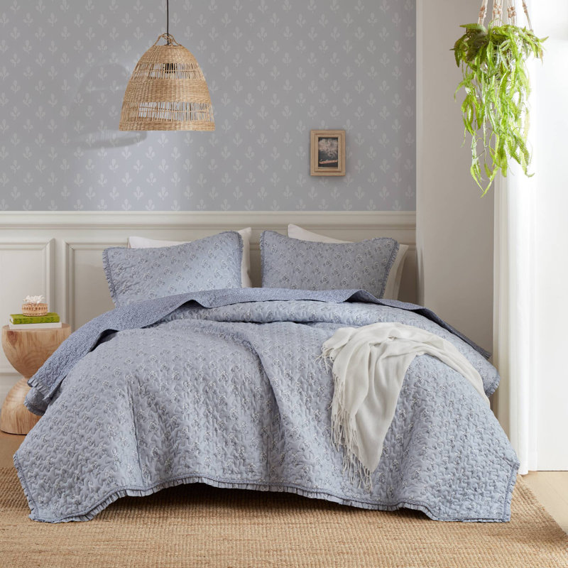 Ensemble de courtepointe 3 pièces à imprimé volants pour grand lit 3 pièces, bleu