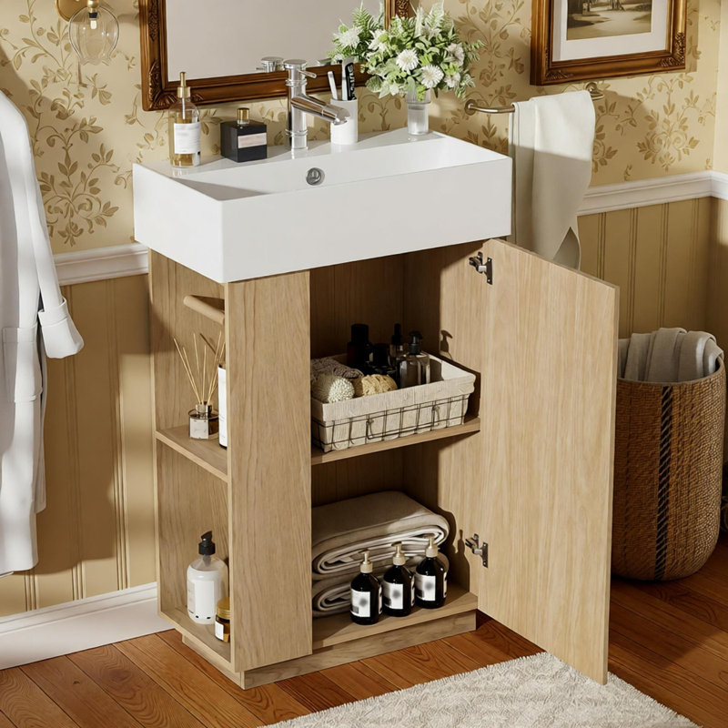 22" Freestanding Modern Right Door Wood Grain Cabinet With Open And Closed Storage For Small Bathrooms