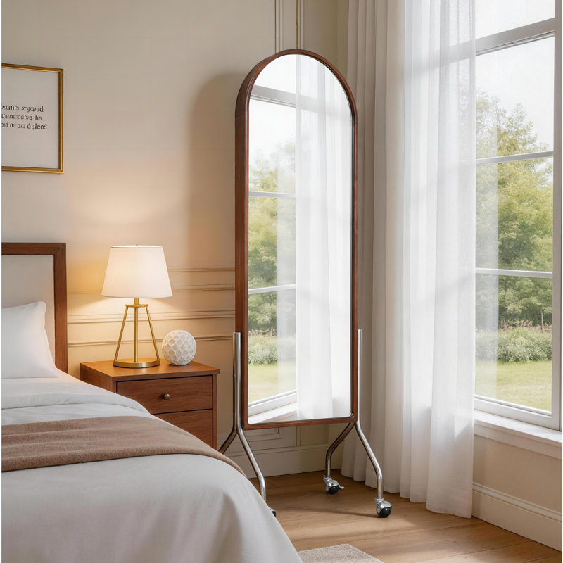 Miroir autoportant à roulettes avec support de rangement et pieds en acier inoxydable