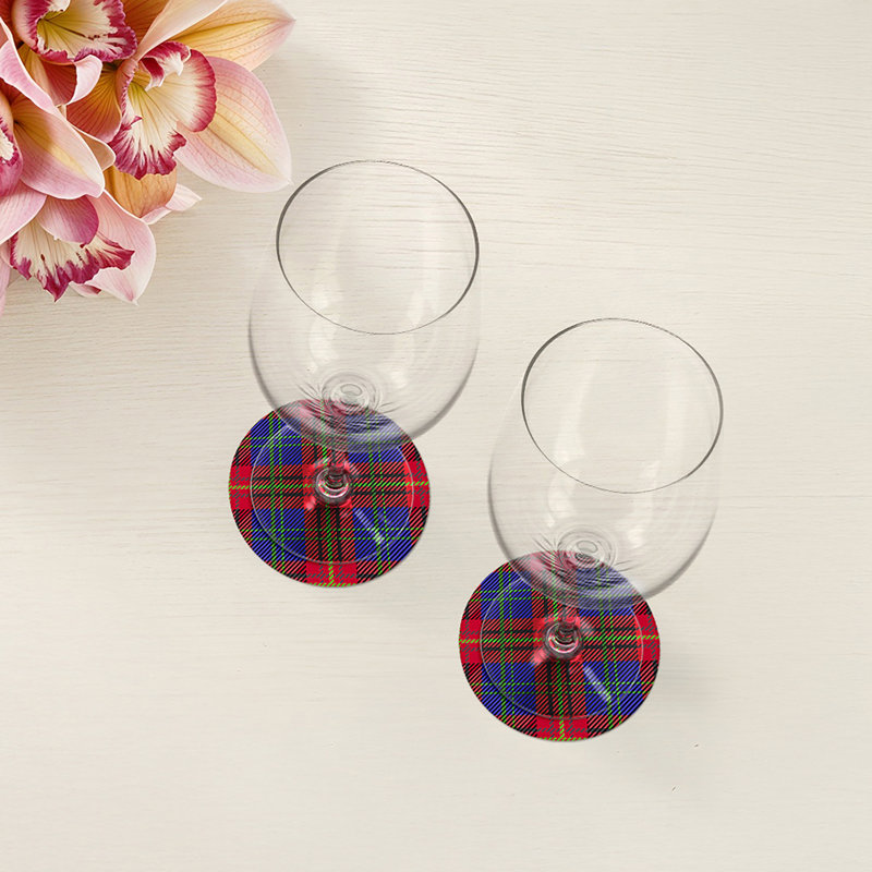 Tartan Blue Vegan Leather Round Coasters, Blue