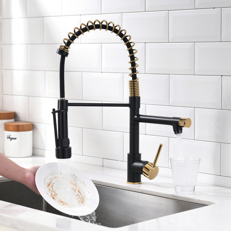 Contemporary Kitchen Sink Faucet With Pull-Down , Matte Black & Gold, 360 Degree Rotation, Single Lever Handle