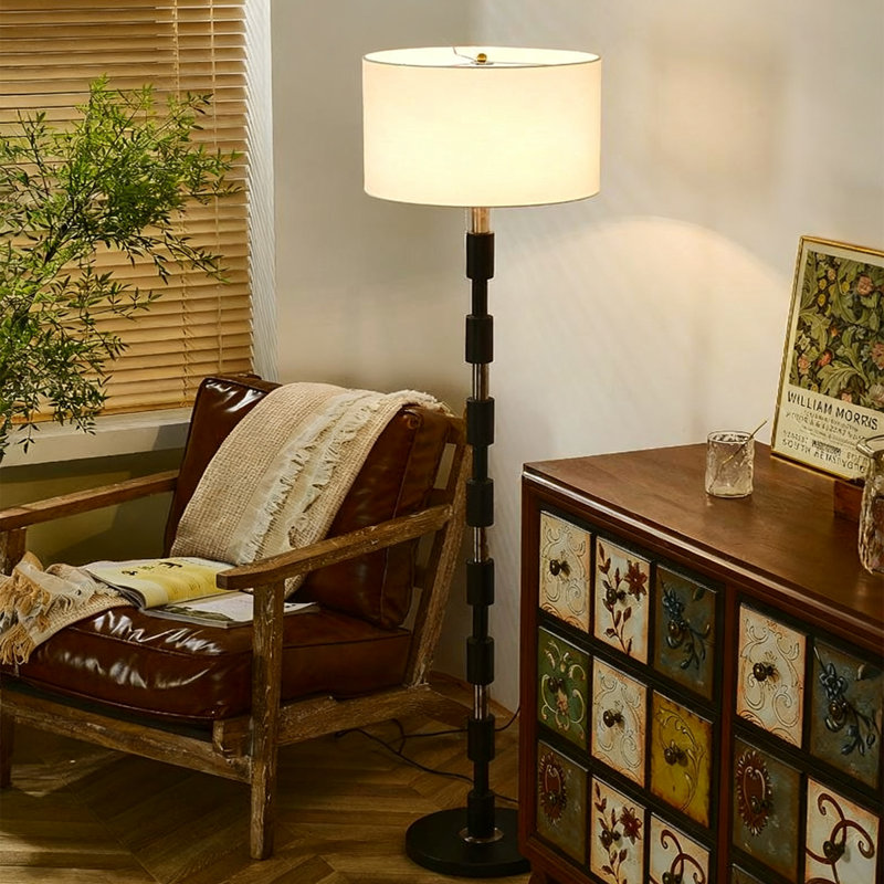Blanc + argent + tissu noir + fer + lampes sur pied en bois massif, Noir