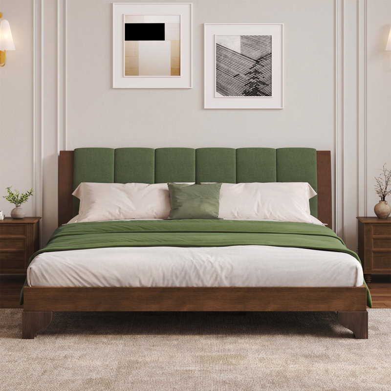 Cadre de lit très grand en bois de pin de qualité supérieure avec tête de lit, design moderne Mid-Century, finition noyer et vert pour les chambres élégantes