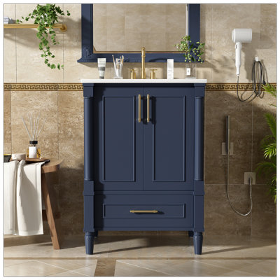 Modern Bathroom Vanity with Ornate Motif, Soft-Close Hinges, and Open Back Structure, Featuring Carved French Cylinder Legs
