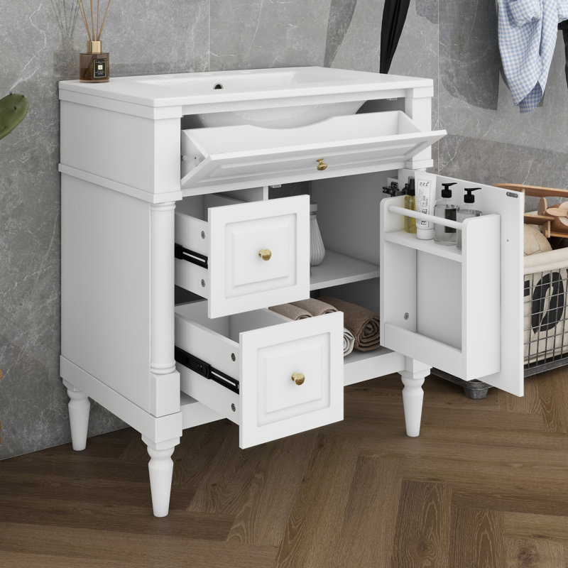 Meuble-lavabo de 30 po avec lavabo, tiroir basculant, portes et support de rangement, meuble-lavabo simple avec tiroirs et tablette réglable