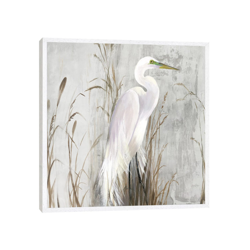 Heron In The Reeds by Aimee Wilson - Painting on Canvas, 66.04 cm H x 66.04 cm W, White Framed