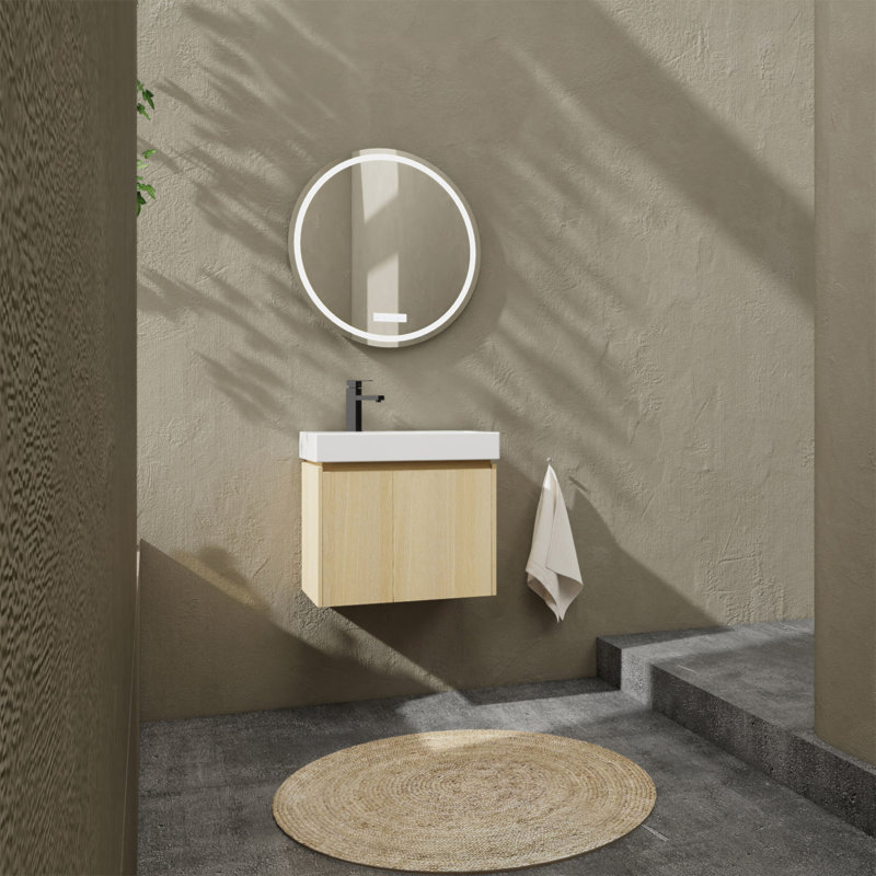 Meuble-lavabo flottant mural 24 po avec lavabo en céramique, armoire de rangement en bois et portes doubles pour salle de bain moderne