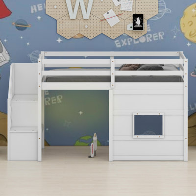 High Loft Bed Featuring Window Frame, Storage Stairs and Ambient LED Lights