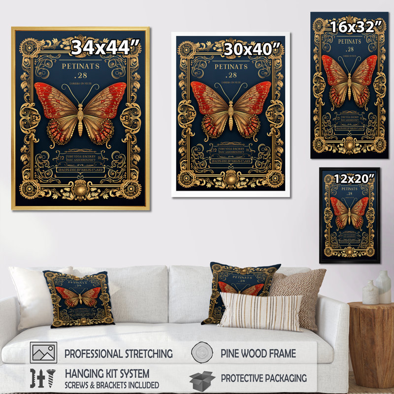 Illustration rétro d'un papillon rouge, H 20 po x l 12 po x P 1 po, Cadre doré à une seule photo