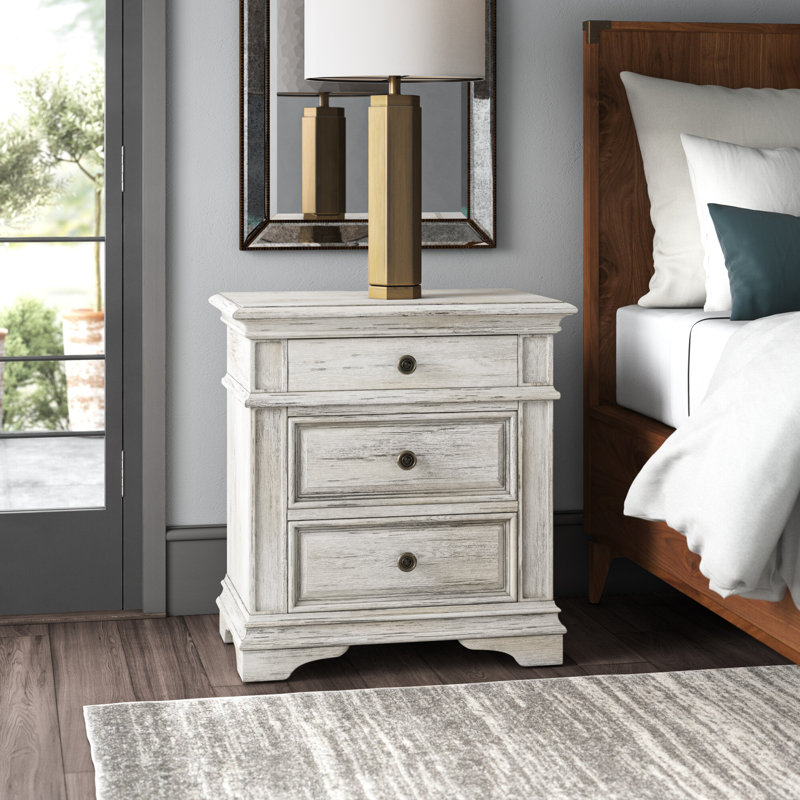 Lipford 3-Drawer Wood Nightstand with Built-In Outlets, Rustic Ivory