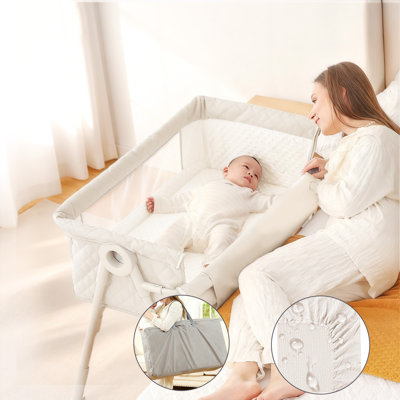 Baby Bassinet, Bassinet Bedside Sleeper For Baby With Waterproof Sheets, 4 Adjustable Height Bedside Bassinets With Wheels, Carry Bag, Cream