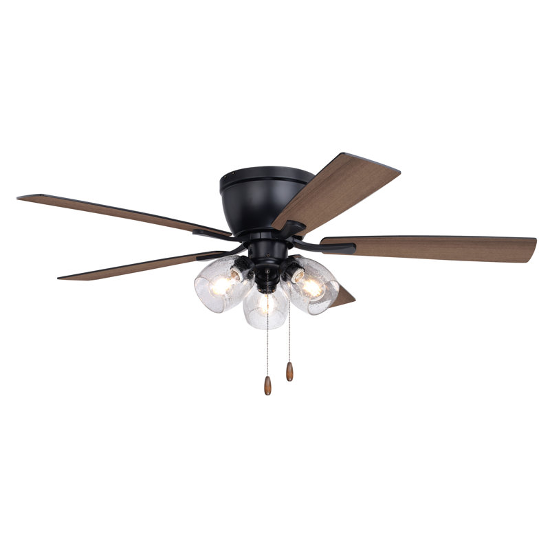 Audronis 52 in. Black Indoor Low Profile Flush Mount Transitional Ceiling Fan with Reversible Black-Dark Oak Blades, LED 3-Light Kit and Pull Chain Included, 3 Speeds, Clear Seeded Glass Shade