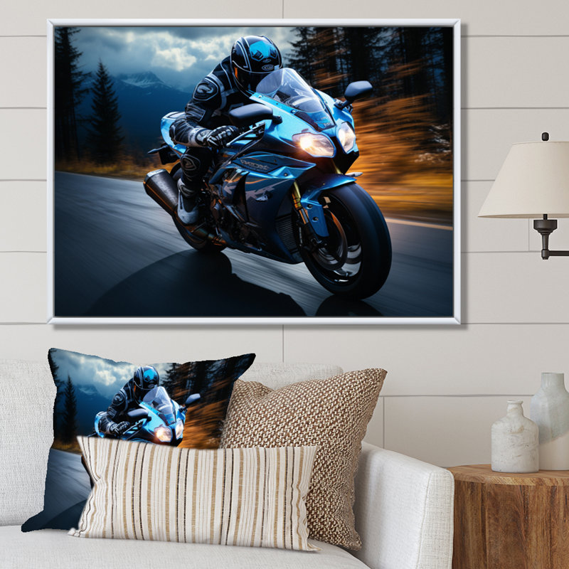 «Blue Yellow Motorcy Symphony», reproduction d'art sur toile encadrée, Cadre flottant blanc, H 12 po x l 20 po x P 1 po