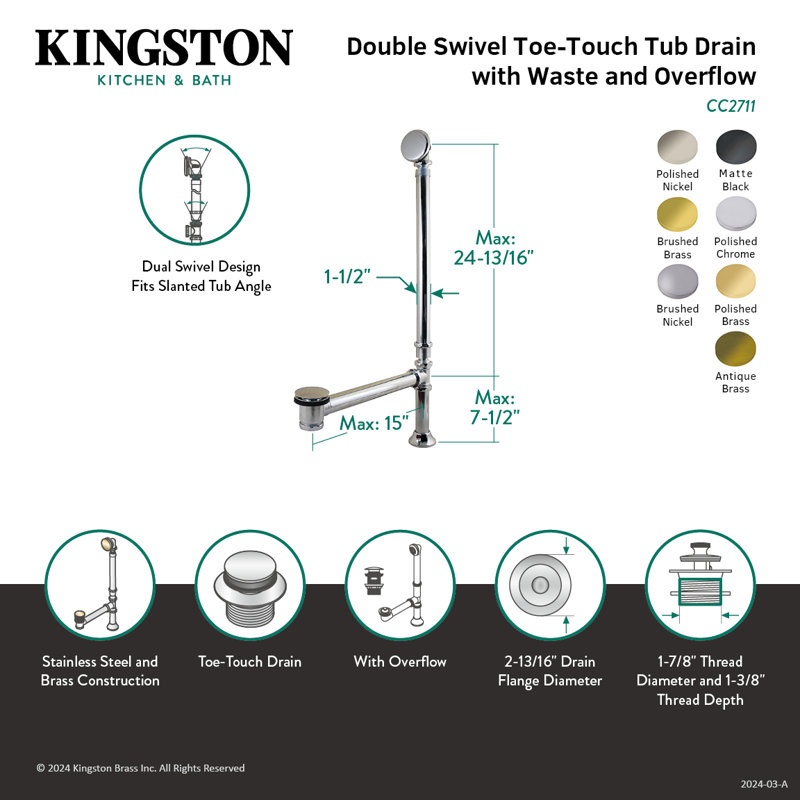 Drain de baignoire à pattes avec trop-plein, Nickel poli
