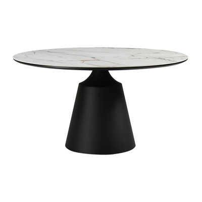 Crebessa 55" Round Modern Pedestal Dining Table with Stone Top and Black Metal Base