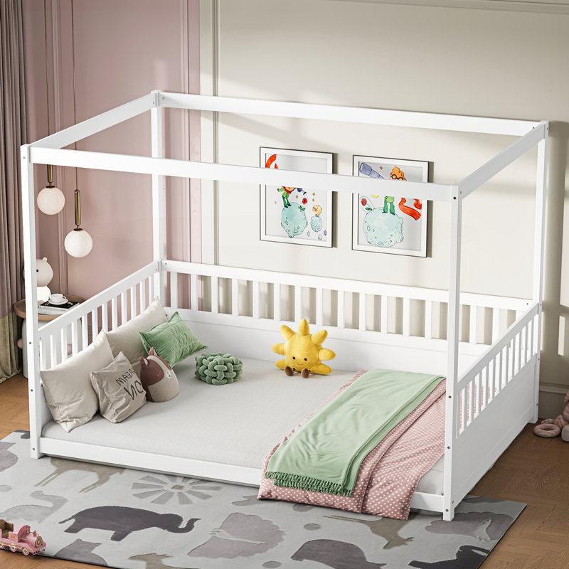 Wood Canopy Bed Frame, White, Full / Double