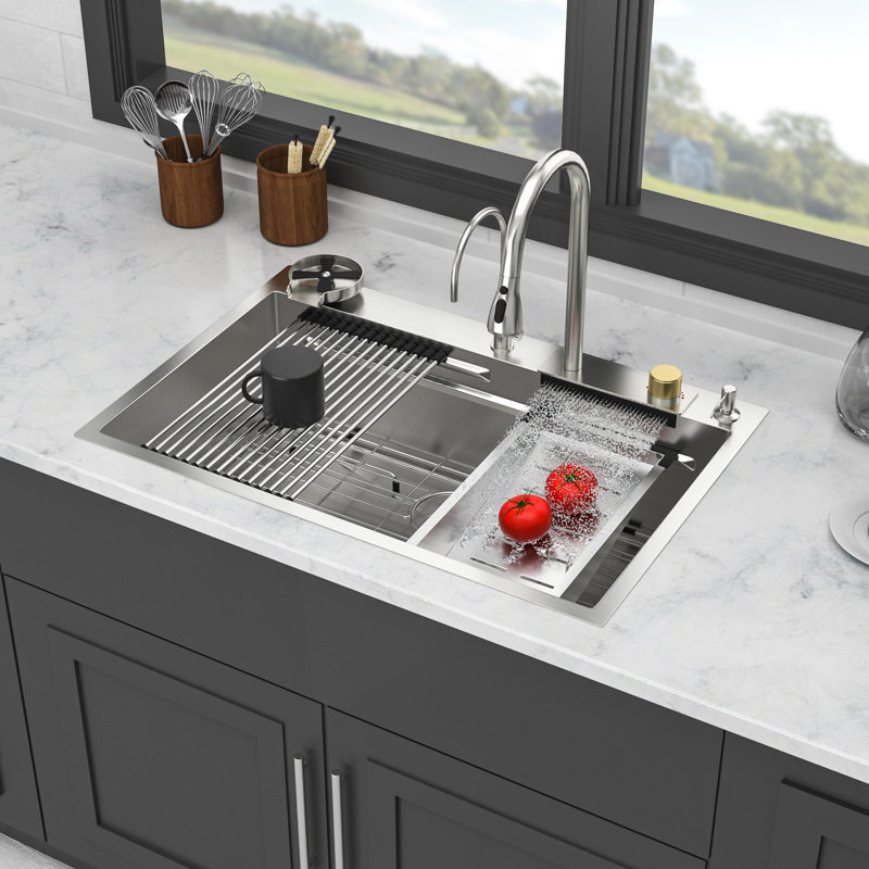 Évier de cuisine à cascade 33 po - éviers de cuisine à rebord à cuve simple en acier inoxydable 33 * 22 * 10 pouces avec robinet rétractable et laveuse à tasses 33 po